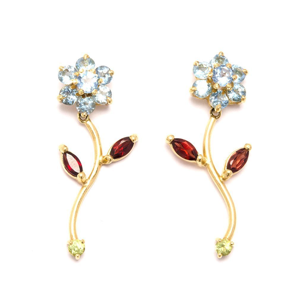 Brinco Flor Pedras Brasileiras em Ouro 18 Kilates - 21627