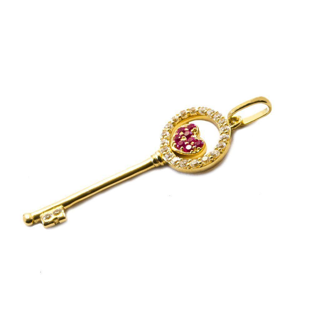 Pingente Chave com Zirc�nias em Ouro 18 Kilates - 24233