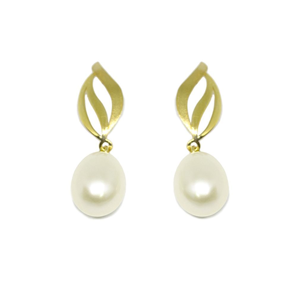 Brinco Folhas Vazadas P�rola Biwa em Ouro 18 Kilates - 25136