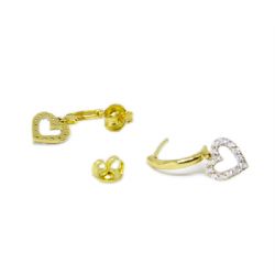 Brinco Meia Argola Cora��o com Zirc�nias em Ouro 18 Kilates - 20248