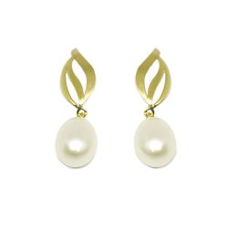 Brinco Folhas Vazadas P�rola Biwa em Ouro 18 Kilates - 25136
