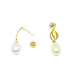 Brinco Folhas Vazadas P�rola Biwa em Ouro 18 Kilates - 25136