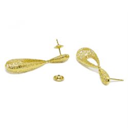 Brinco Gota Trama Vazado com Zirc�nias em Ouro 18 Kilates � 25419